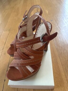 Coach Brynne Tan Leather Strappy Stacked Platform Heels Size 6.5